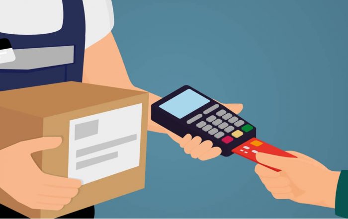 Dessin d'un commerçant présentant un terminal de paiement mobile au client qui insère sa carte
