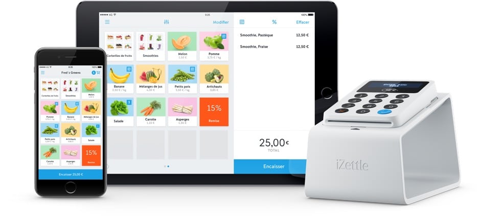 Lecteur iZettle et logicieliZettle Go Lecteur iZettle posé sur son dock avec deux appareils mobiles