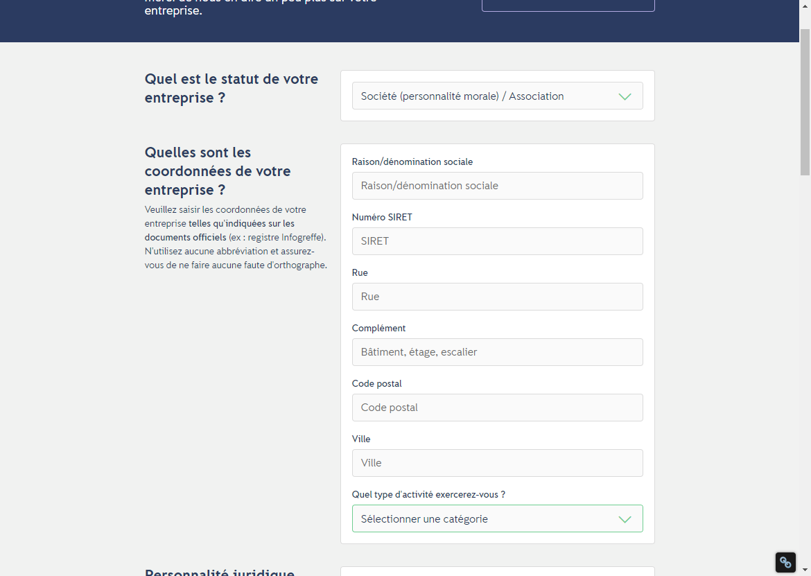 Deuxième étape de l’inscription à iZettle Ecran d'inscription à iZettle : demande de renseignements sur l'entreprise