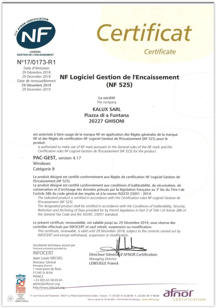 Exemple de certificat NF 525
