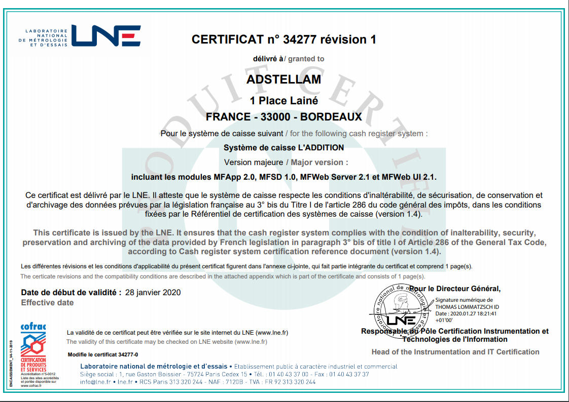 Exemple de certificat délivré par le LNE Exemple de certificat délivré par le LNE