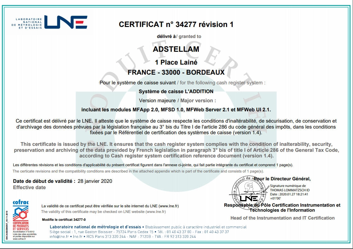 Exemple de certificat délivré par le LNE