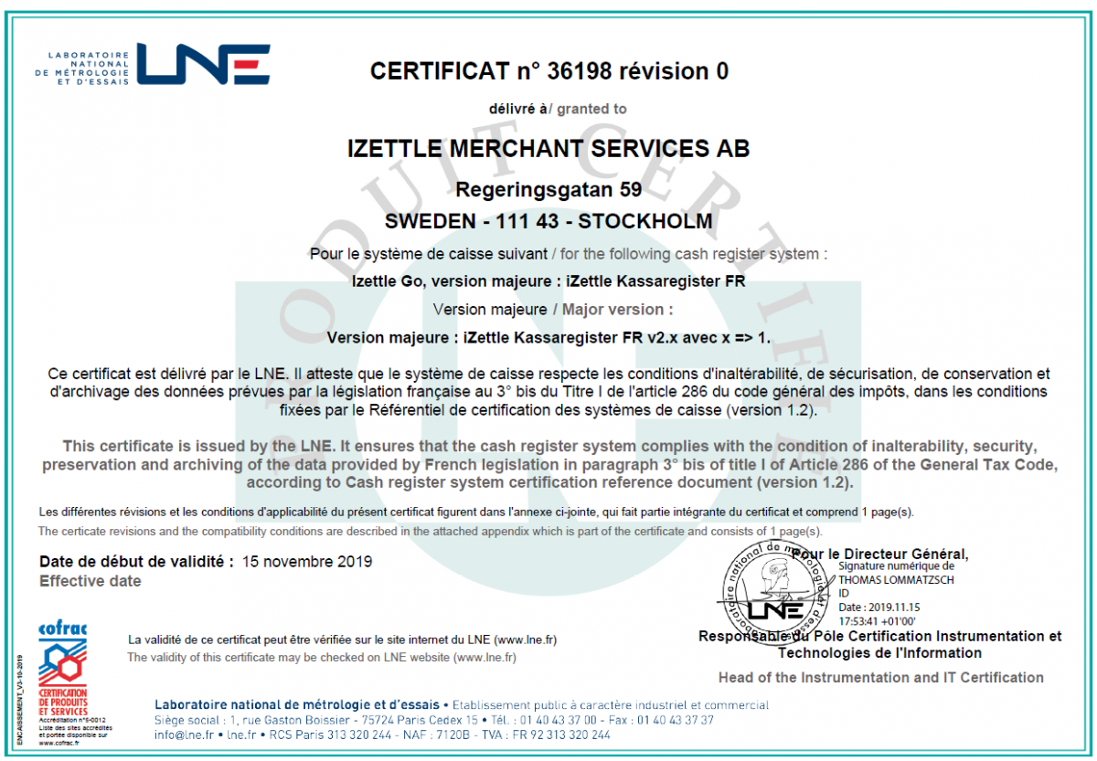 Application iZettle go : certificat Certificat de l'application iZettle Go, délivré par le LNE