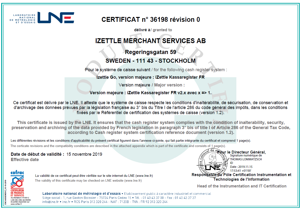 Application iZettle go : certificat Certificat de l'application iZettle Go, délivré par le LNE