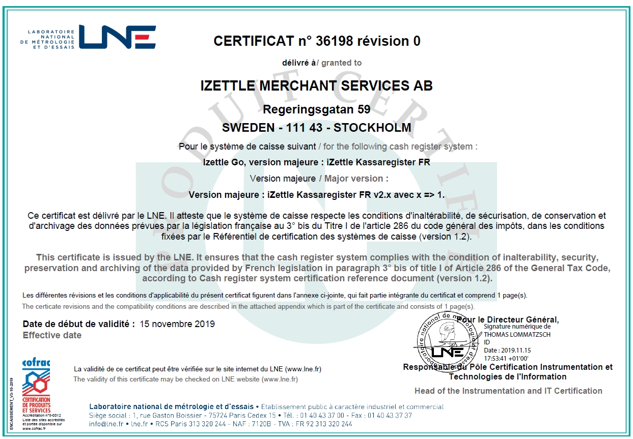 Certificat de l'application iZettle Go, délivré par le LNE