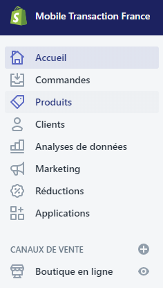 Menu du back office de Shopify Menu du back office de Shopify
