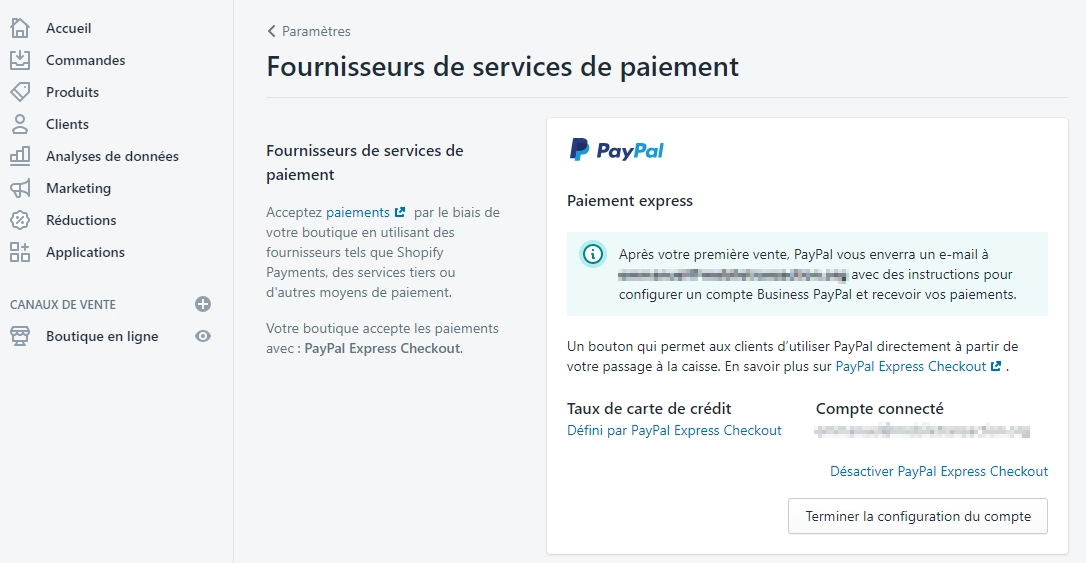Shopify : paramètres : fournisseurs de services de paiement