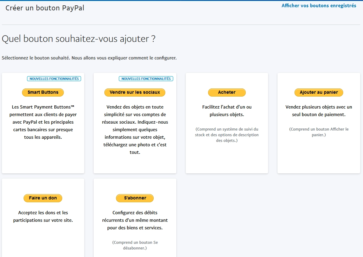 Choix des boutons de paiement PayPal