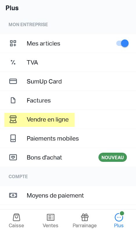 Menu de l’application SumUp Menu de l'application SumUp