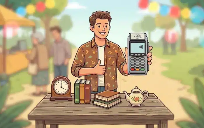 Jeune homme tenant un TPE à un vide grenier