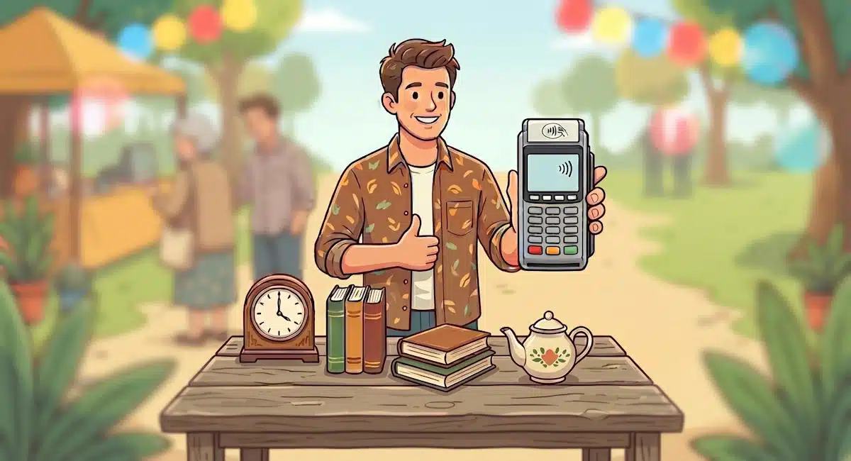 Jeune homme tenant un TPE à un vide grenier