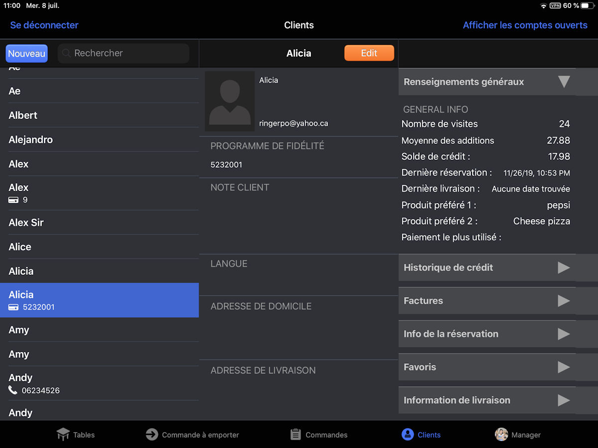 Écran de gestion des clients de l’application Lightspeed Restaurant Écran de gestion des clients de l'application Lightspeed Restaurant