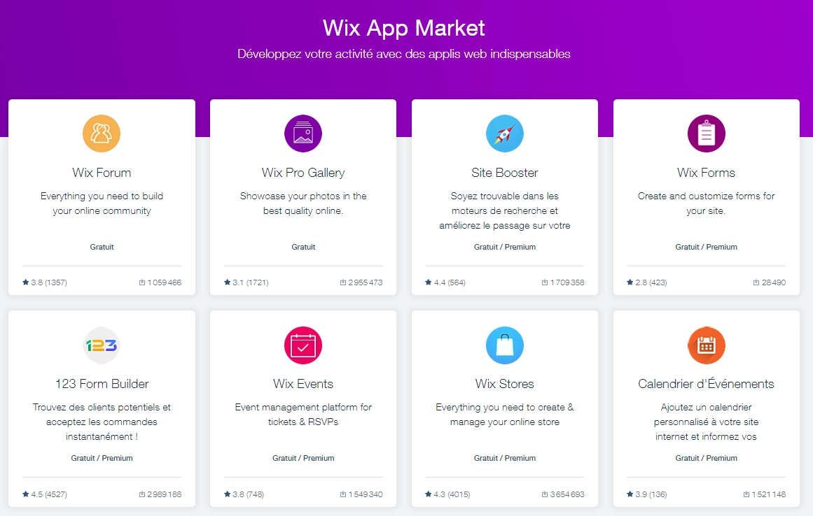 Quelques applications disponibles dans l'App market de Wix