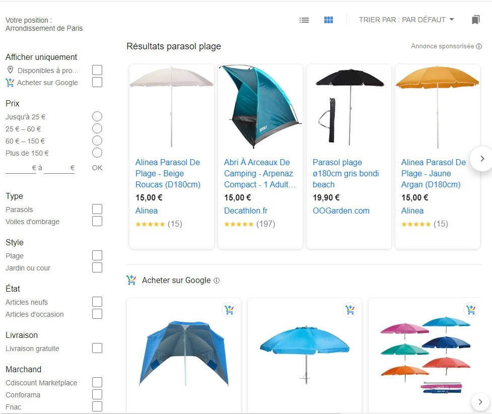 Google Shopping exemple de résultat