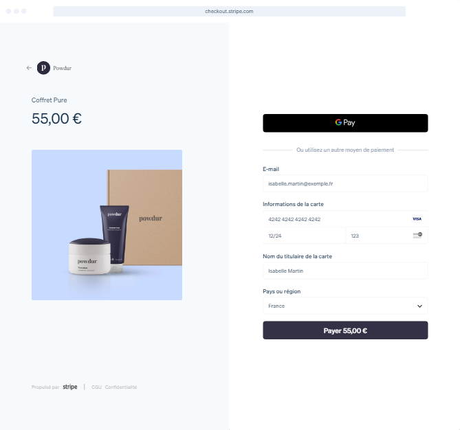 Page de paiement hébergée sur le site de Stripe Page de paiement hébergée sur le site de Stripe