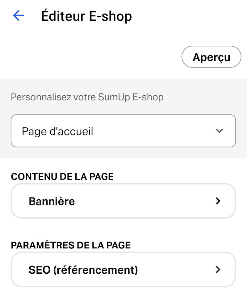SumUp E-Shop : réglage de la page d'accueil