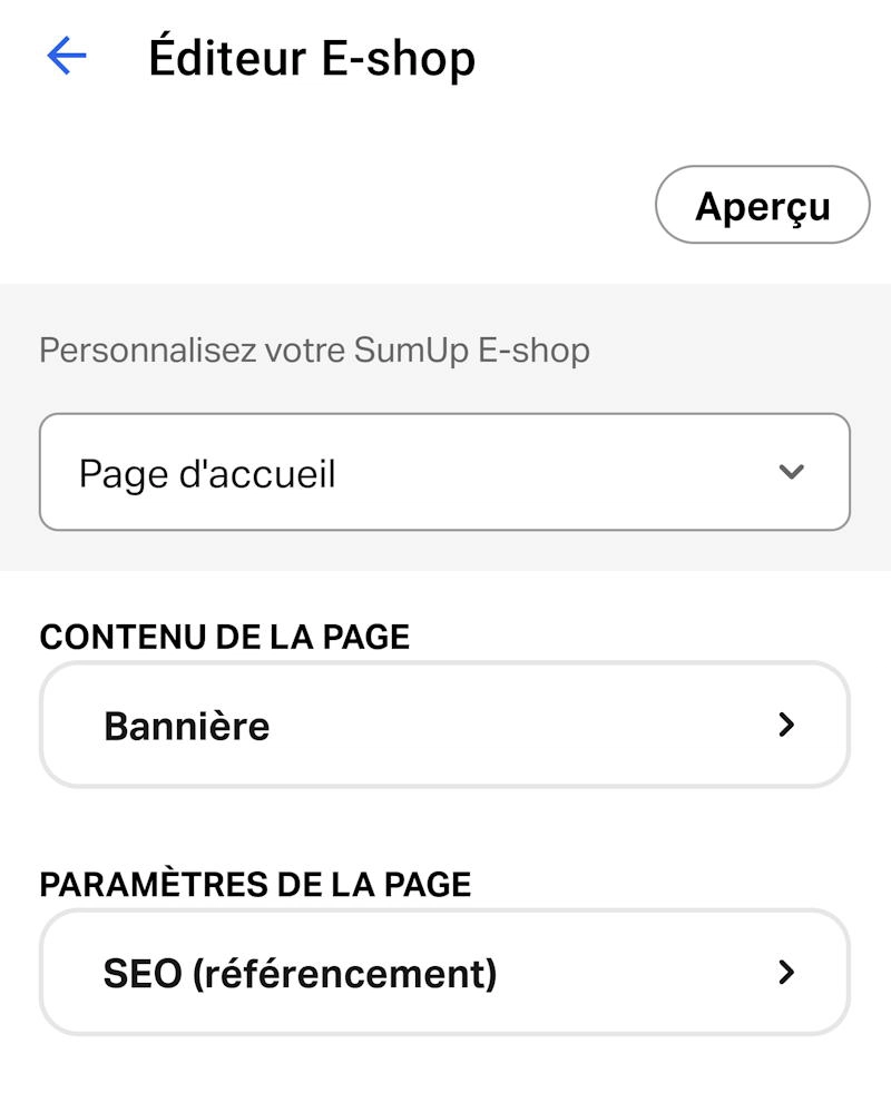 SumUp E-Shop : réglage de la page d'accueil
