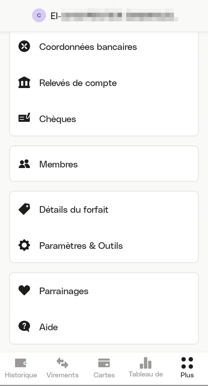 Menu Plus de l'application Qonto