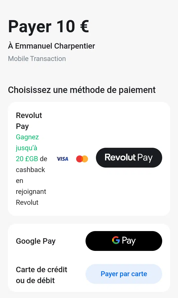 Page de paiement en ligne de Revolut