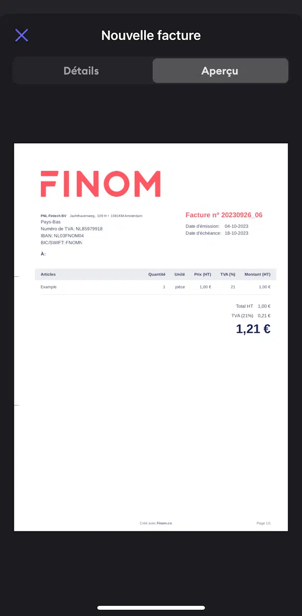Visualisation d'une facture depuis l'application Finom