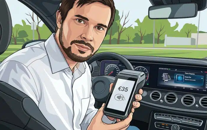 Image d'un chauffeur de taxi présentant un terminal de paiement