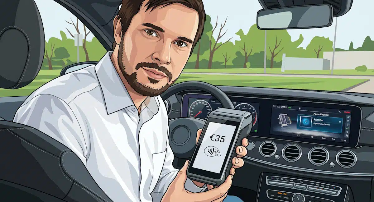 Image d'un chauffeur de taxi présentant un terminal de paiement