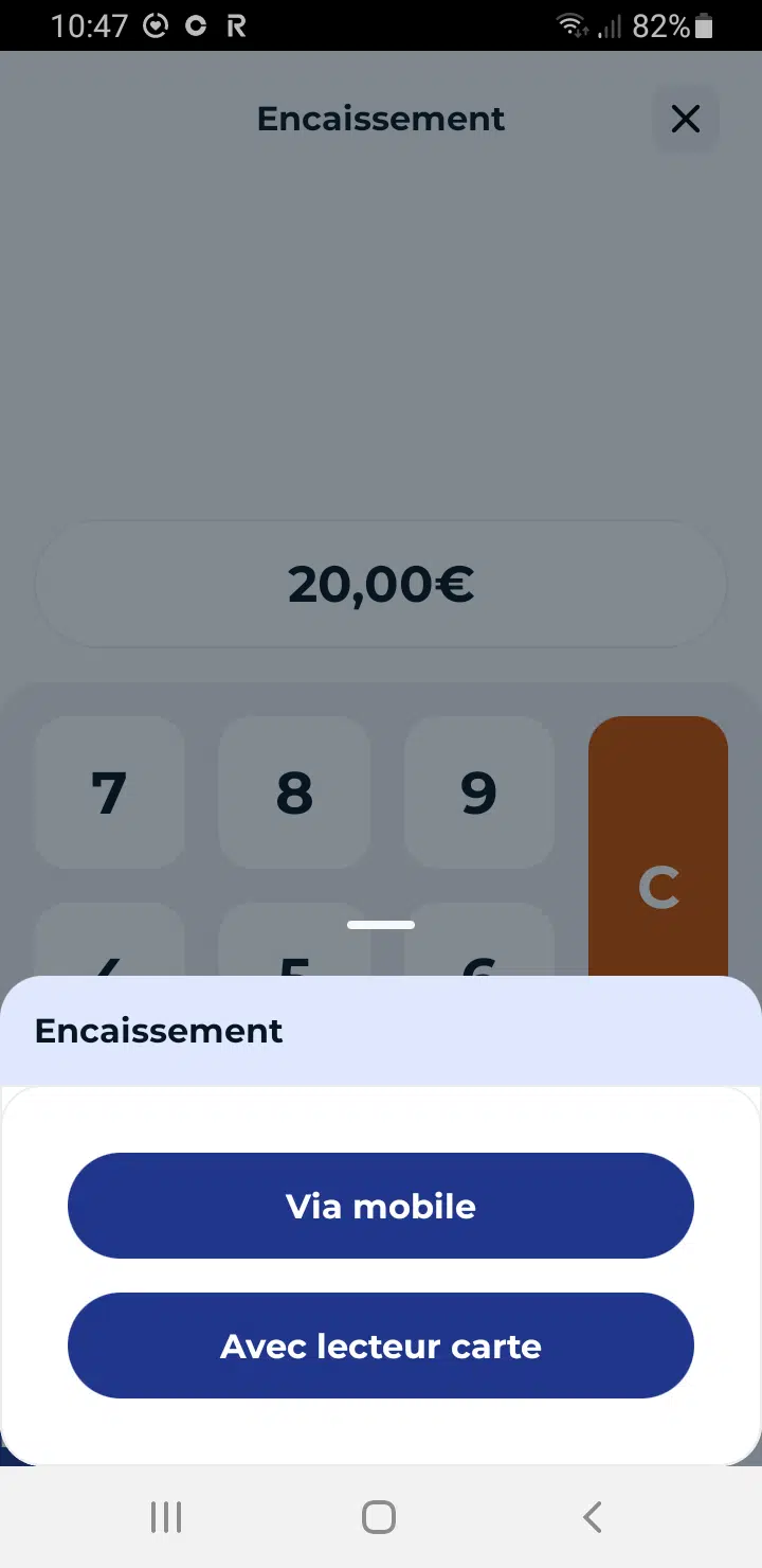 Monem Mobile Application - Ecran d'encaissement : choix de la méthode