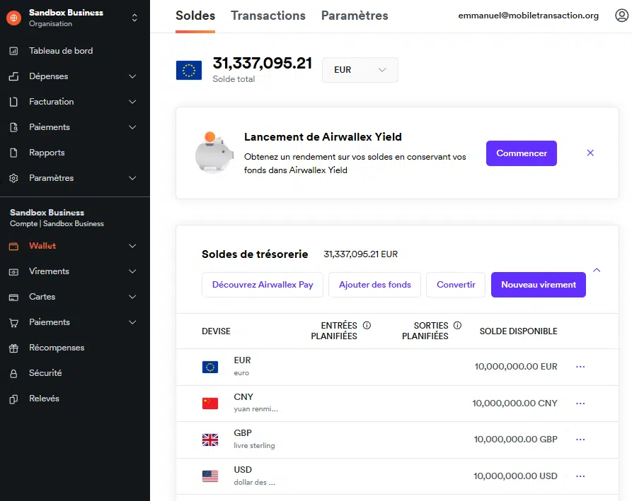 Tableau de bord d'Airwallex