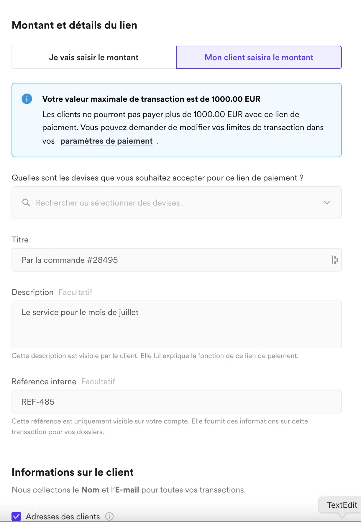 Envoi de lien avec Airwallex