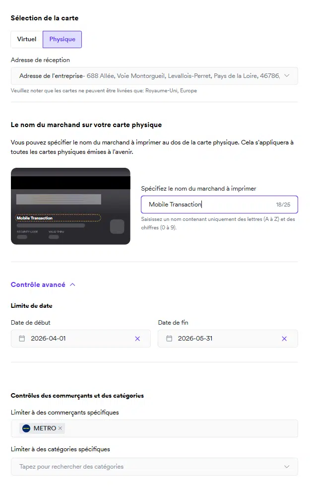 Paramétrage des cartes physiques avec Airwallex