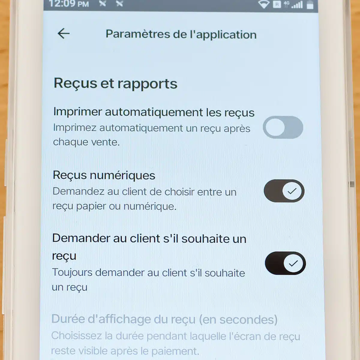 TPE Flatpay&nbsp;: zoom sur l'écran de réglage des reçus