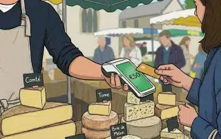 Illustration d'un paiement sans contact sur un marché (étal de fromages)