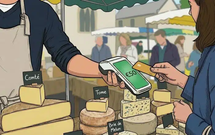 Illustration d'un paiement sans contact sur un marché (étal de fromages)