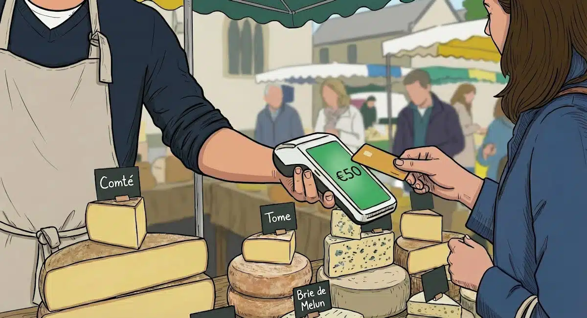 Illustration d'un paiement sans contact sur un marché (étal de fromages)