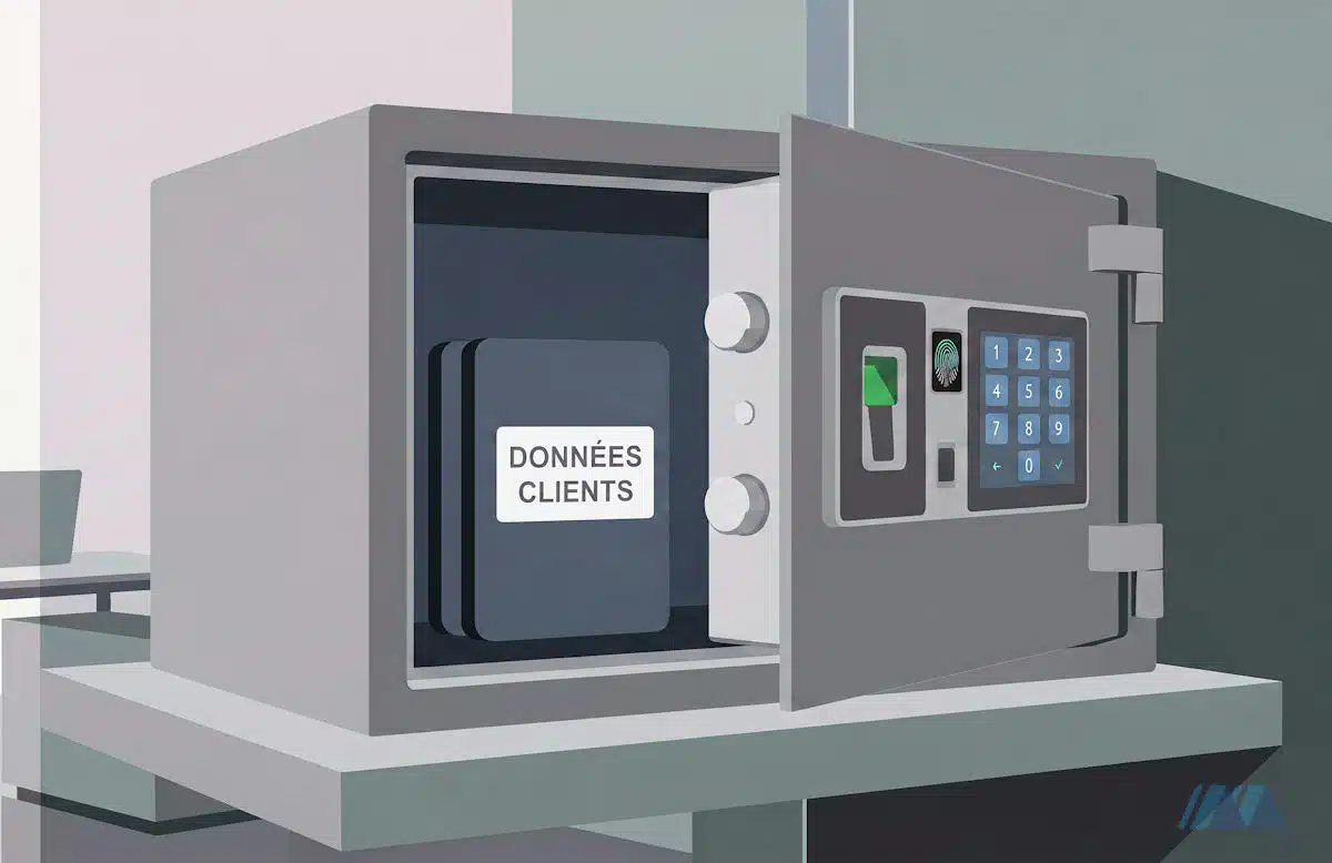 Disque dur avec écrit "données clients" dans un coffre fort