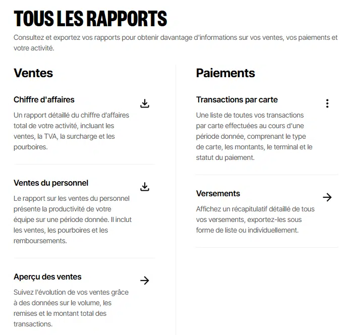 LIste des rapports disponibles sur le portail web de Flatpay