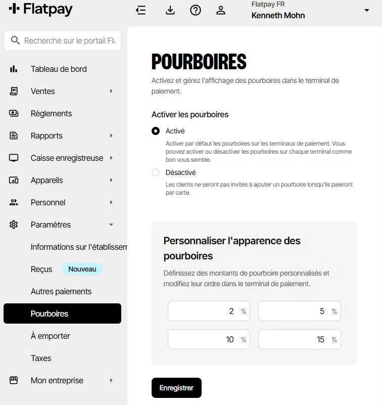 Back-office de Flatpay: pourboire