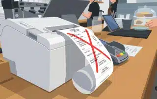 Ticket de caisse barré en rouge sortant d'une imprimante de caisse