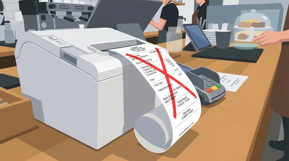 Ticket de caisse barré en rouge sortant d'une imprimante de caisse