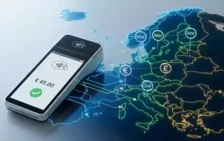 Image d'un TPE sur fond de carte de l'Espace Economique Européen