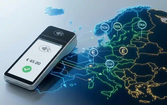 Image d'un TPE sur fond de carte de l'Espace Economique Européen