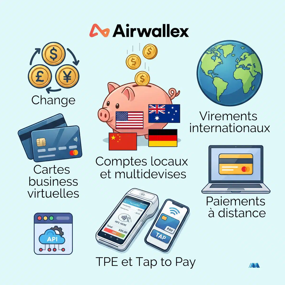 Les services d'Airwallex&nbsp;: change, compte multidevise, paiement à distance, terminaux, tap to pay,API, cartes virtuelles