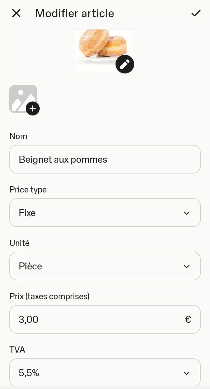 Copie d'écran d'un article dans l'application SumUp pour notre test de l'E-shop
