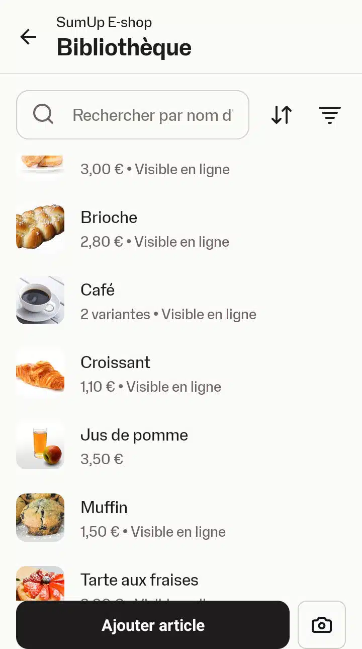 Capture d'écran de la bibliothèque d'articles de l'E-shop de SumUp