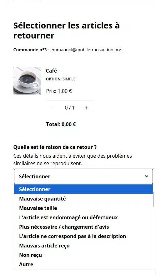 Capture d'écran du portail de retour de l'E-shop de SumUp