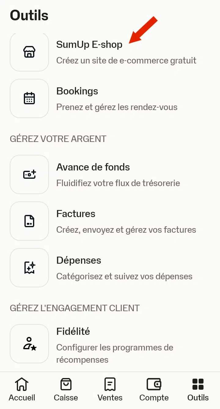 Capture d'écran du menu outil de l'application SumUp qui montre le lien vers le SumUp E-Shop