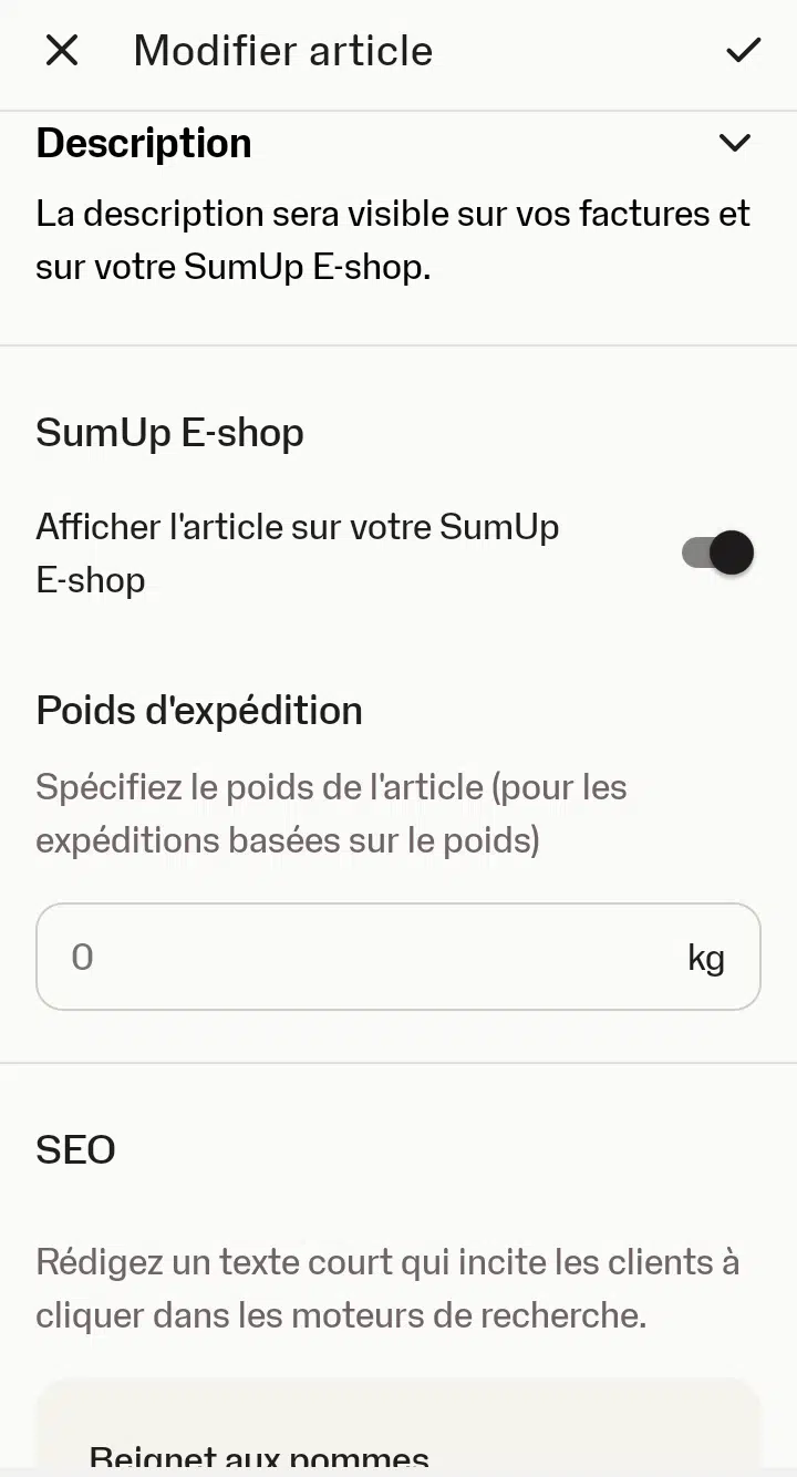 Copie d'écran du 3e volet de modification des articles de l'application SumUp