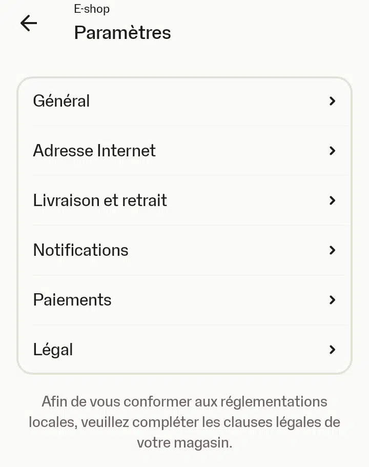 Copie d'écran du menu Paramètres de l'E-shop e SumUp
