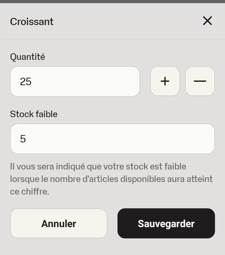 Copie d'écran du réglage des stocks d'un article de l'application SumUp
