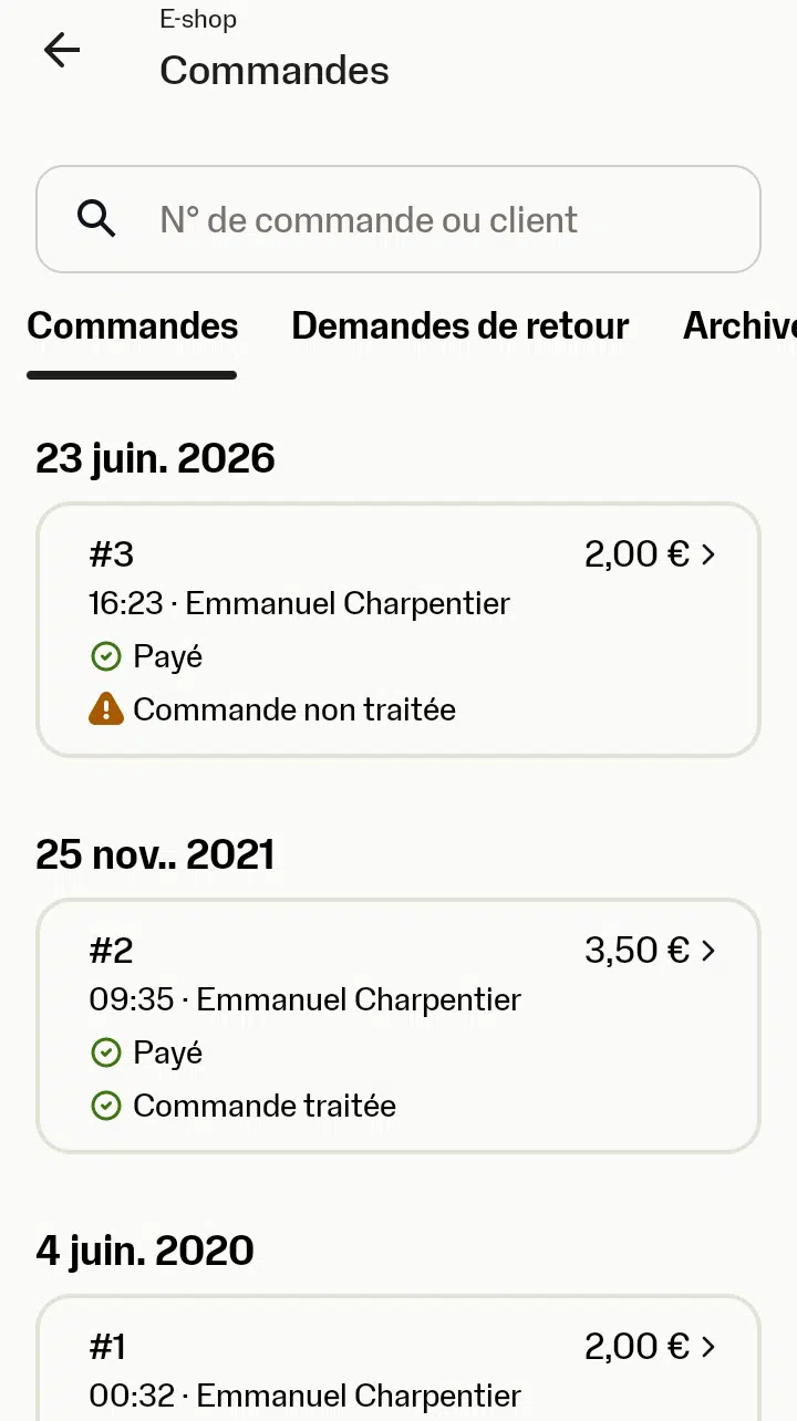 Capture d'écran du menu Commandes de l'E-shop